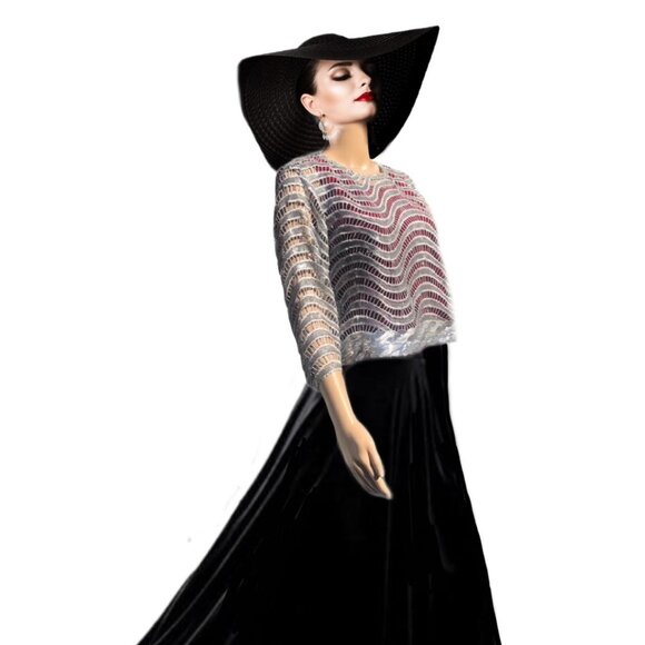SHANI'S Stunning Silver Lace Sequined Semi-Sheer Wave Pattern Evening Top Sz 16 - Picture 1 of 5
